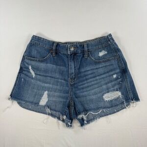 Aerie Womens Distressed Denim Shorts Medium Wash Elastic Back Raw Hem Size Small